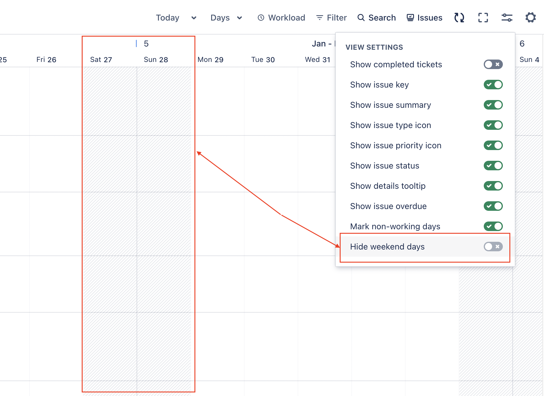 Hide weekends in the Schedule:Timeline view settings.png